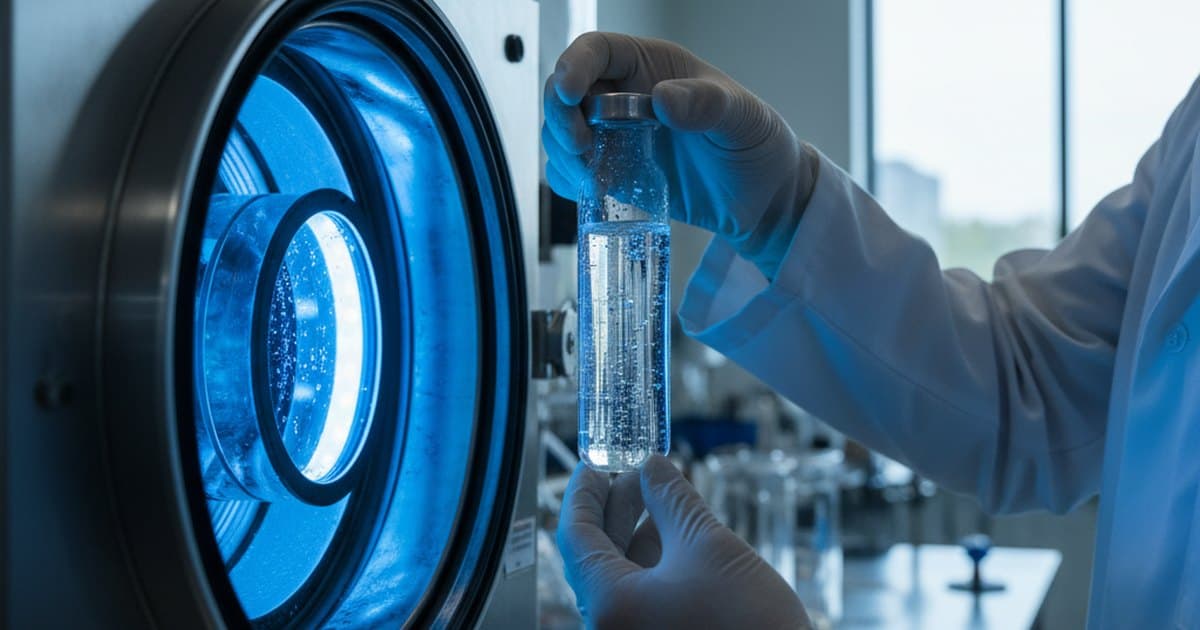 Investigador en laboratorio sostiene un vial de agua bajo intensa luz ultravioleta en un reactor de purificación