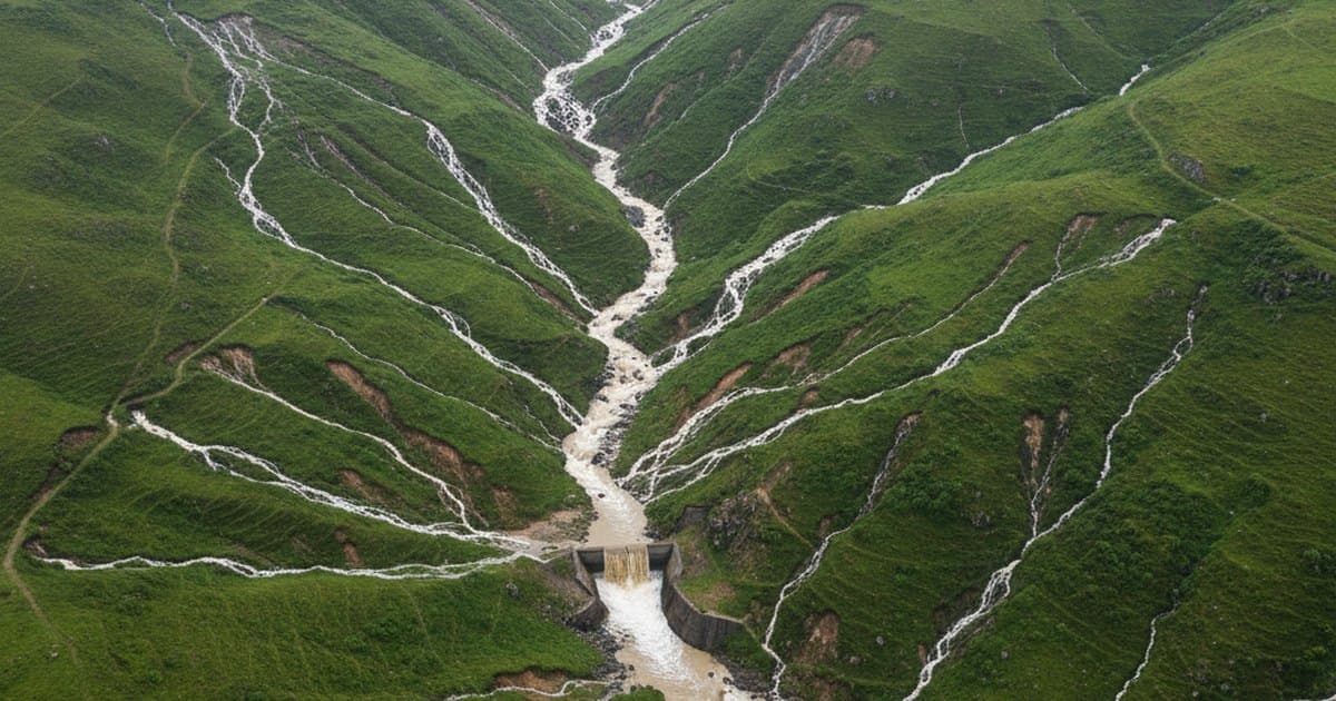 Vista aérea de una cuenca con laderas verdes después de la lluvia, el agua escurre hacia un cauce principal