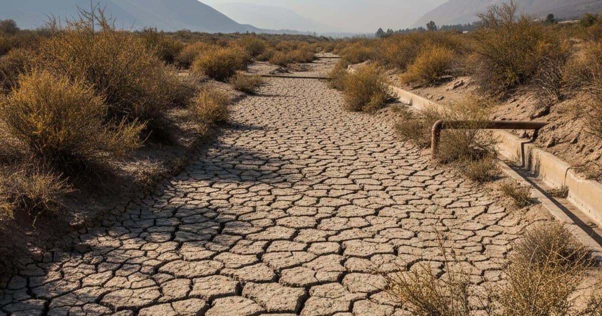 Lecho de río seco y agrietado en un valle del centro de Chile con la cordillera de los Andes al fondo