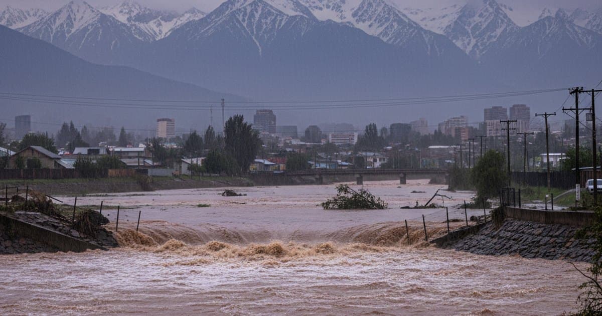 Río crecido y lluvia intensa sobre una ciudad del centro-sur de Chile en invierno