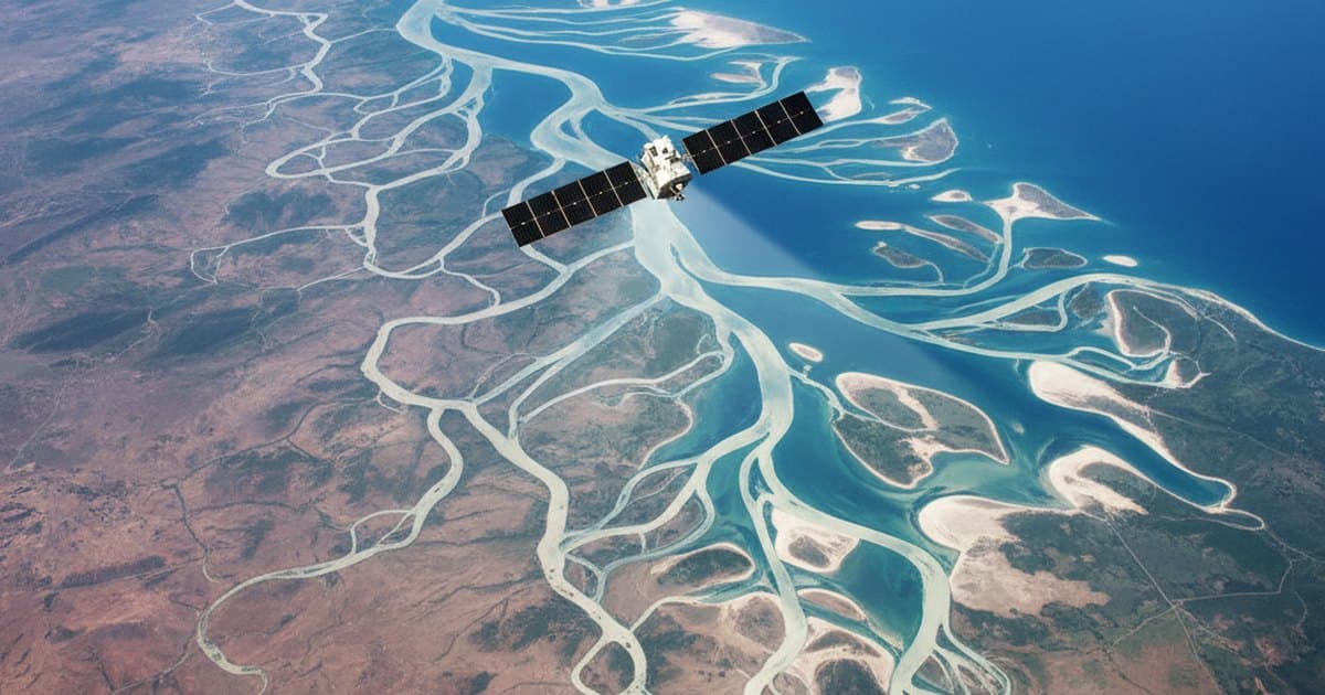 Satélite en órbita escaneando desde el espacio un gran sistema de ríos trenzados y deltas azules sobre la Tierra
