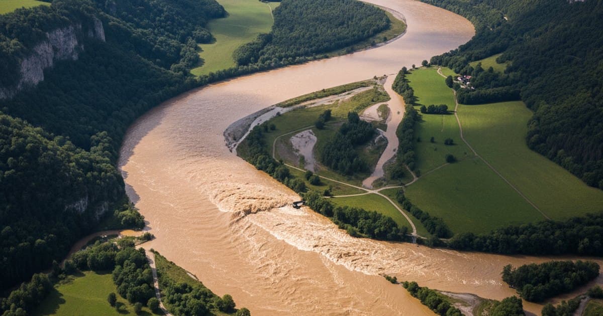 Onda de crecida desplazándose por el cauce ancho de un río, vista aérea