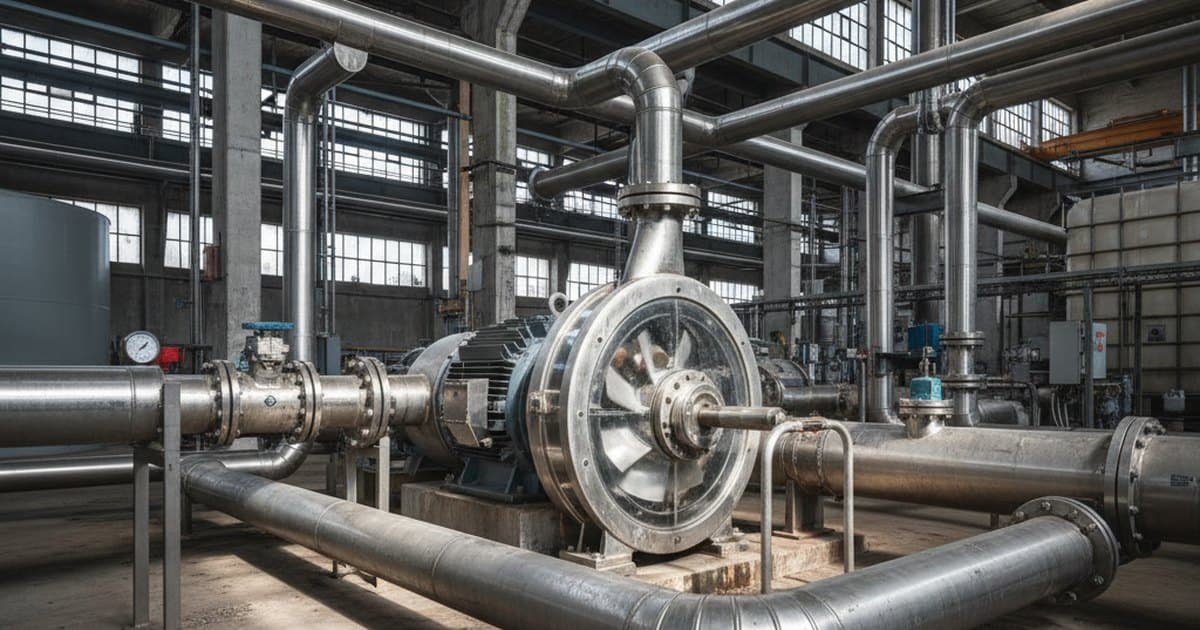 Bomba centrífuga industrial de acero inoxidable con su impulsor y tuberías en una estación de bombeo