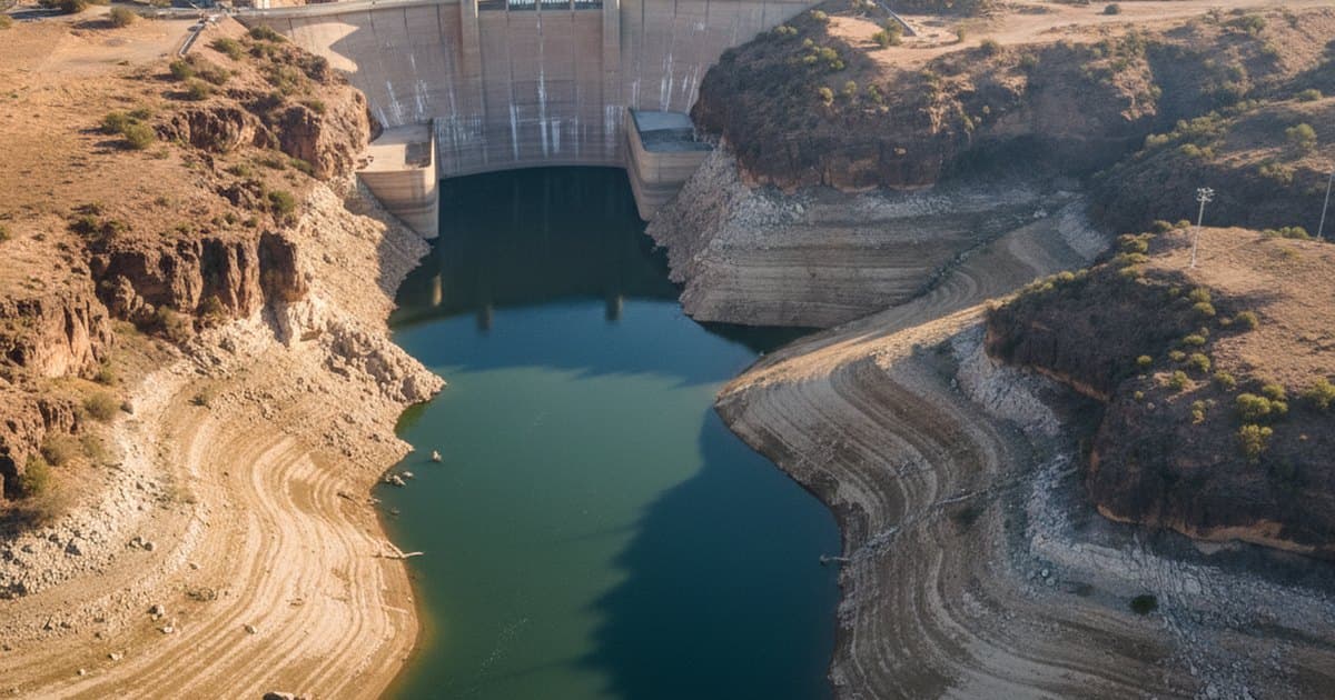 Embalse con bajo nivel de agua mostrando bancos de sedimento, vista aérea
