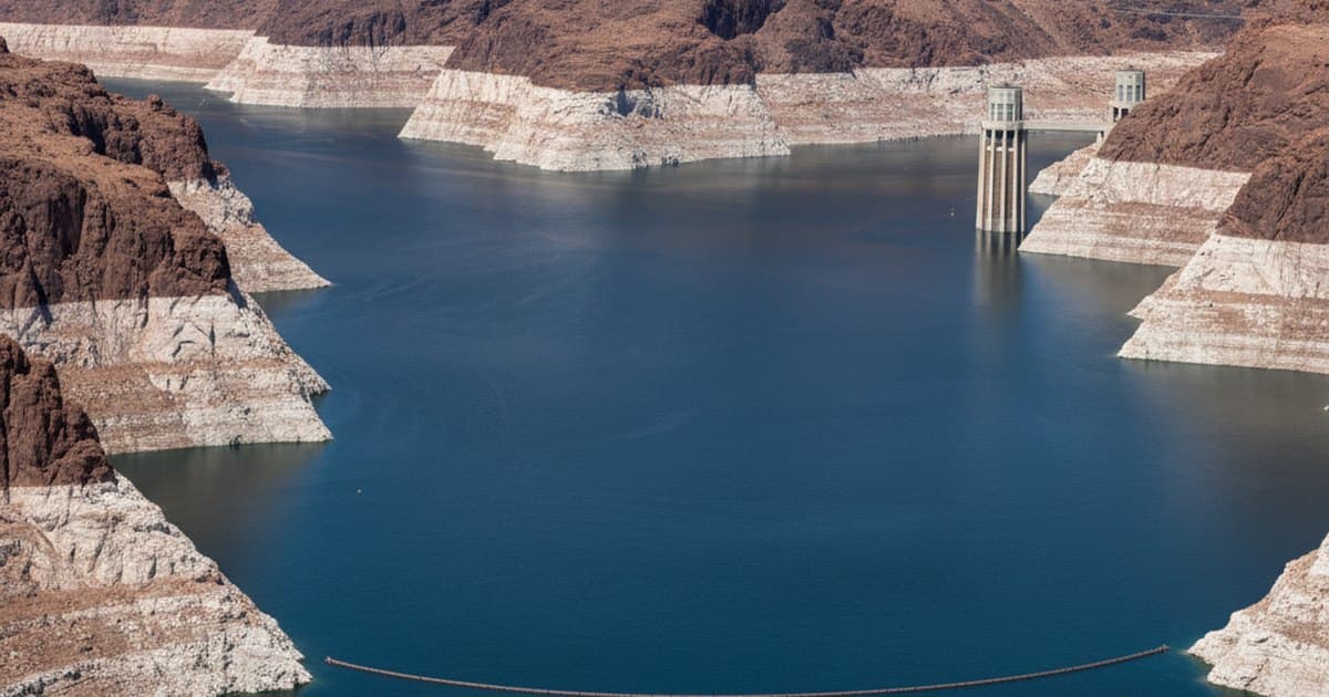 Embalse con marca blanca de sequía en las paredes del cañón del río Colorado