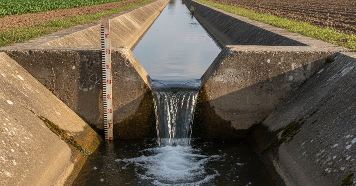 Vertedero triangular de pared delgada en un canal de riego, con la lámina de agua vertiendo limpiamente sobre la escotadura