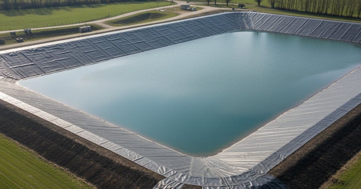 Reservorio agrícola revestido con geomembrana negra de HDPE, con taludes regulares y agua acumulada
