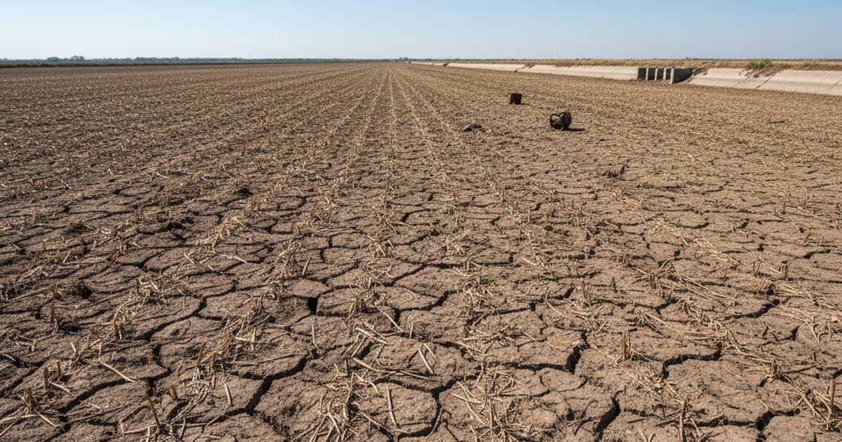 Suelo agrícola agrietado por la sequía con restos de cultivo seco bajo un cielo despejado