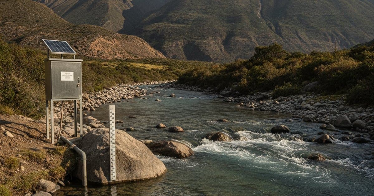 Río andino de caudal moderado corriendo entre rocas, con estación de aforo en la ribera
