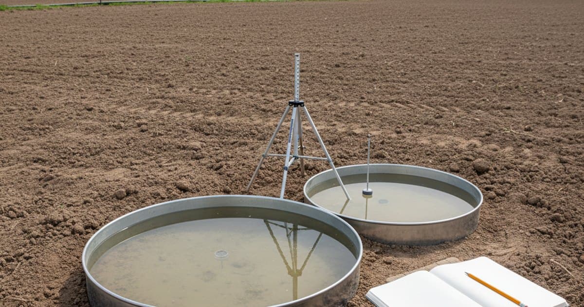 Ensayo de infiltración con infiltrómetro de doble anillo instalado en terreno agrícola