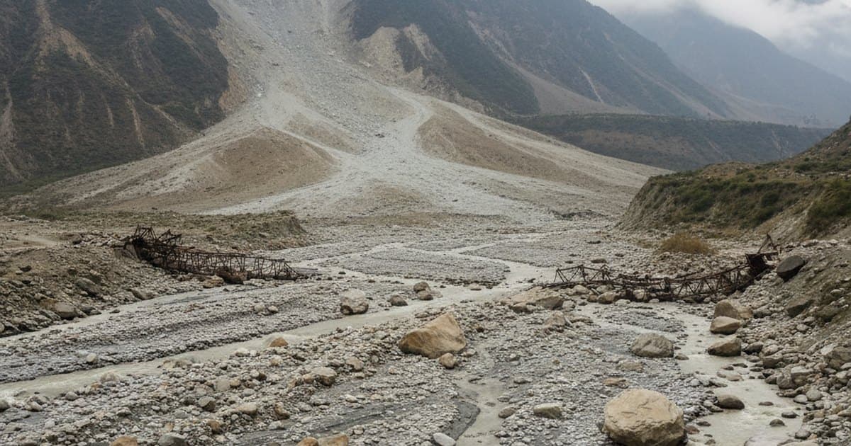 Valle himalayo arrasado por un flujo de detritos, con el cauce ensanchado, bloques de roca y la ladera desnuda del deslizamiento al fondo