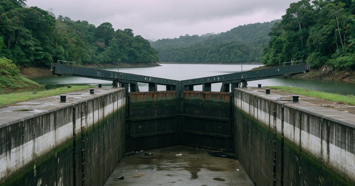 Buque portacontenedores dentro de una esclusa del Canal de Panamá con los muros de hormigón húmedos expuestos por el nivel bajo