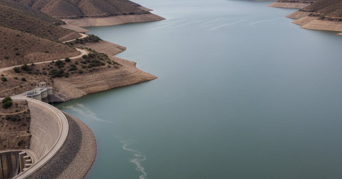 Embalse cordillerano del Norte Chico de Chile con el nivel recuperado, laderas semiáridas alrededor y agua turbia de deshielo