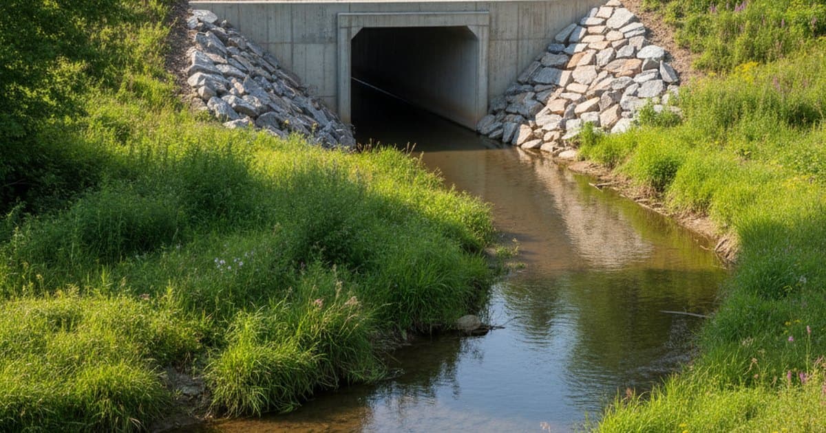 Alcantarilla de cajón de hormigón bajo un terraplén de camino rural, con el cauce natural entrando por la boca de aguas arriba