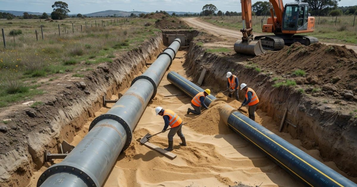 Dos tuberías de agua potable paralelas de distinto diámetro en una zanja abierta antes de ser tapadas
