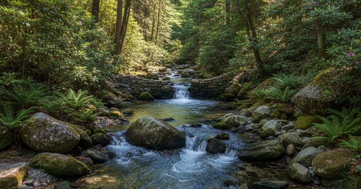 Arroyo de cabecera de montaña con caudal escaso corriendo entre rocas y vegetación nativa