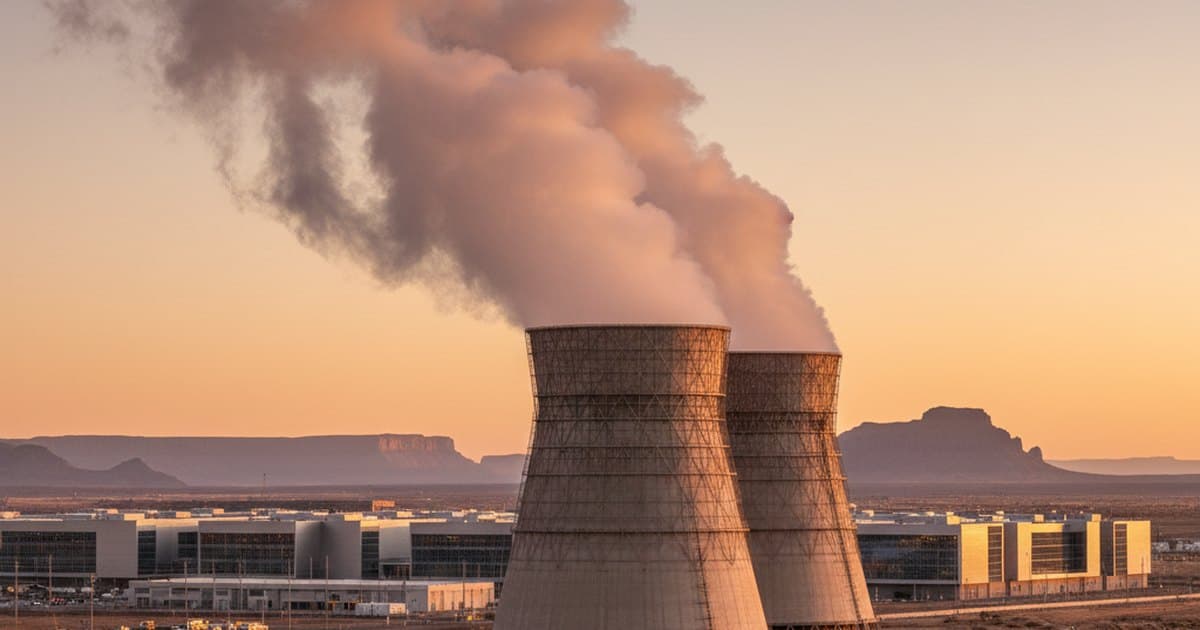 Torres de enfriamiento evaporativo de una instalación industrial emitiendo vapor de agua al atardecer