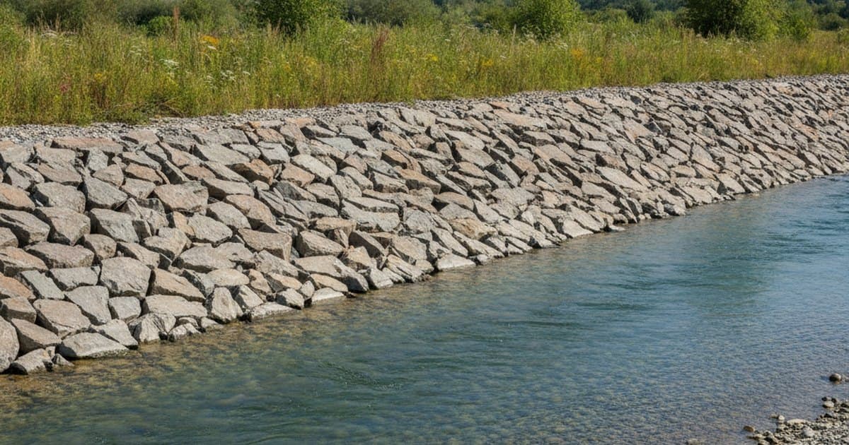 Ribera de río protegida con enrocado de bloques angulosos bien trabados, con el agua corriendo al pie