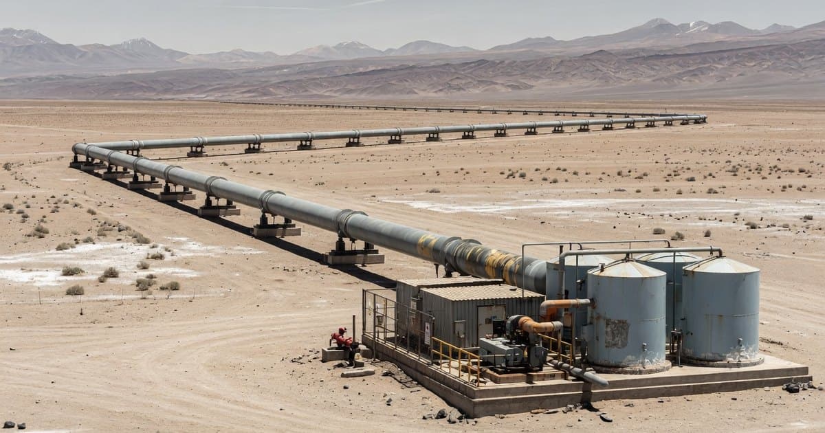 Tubería de acero atravesando el desierto de Atacama hacia montañas lejanas, con una estación de bombeo y estanques en primer plano
