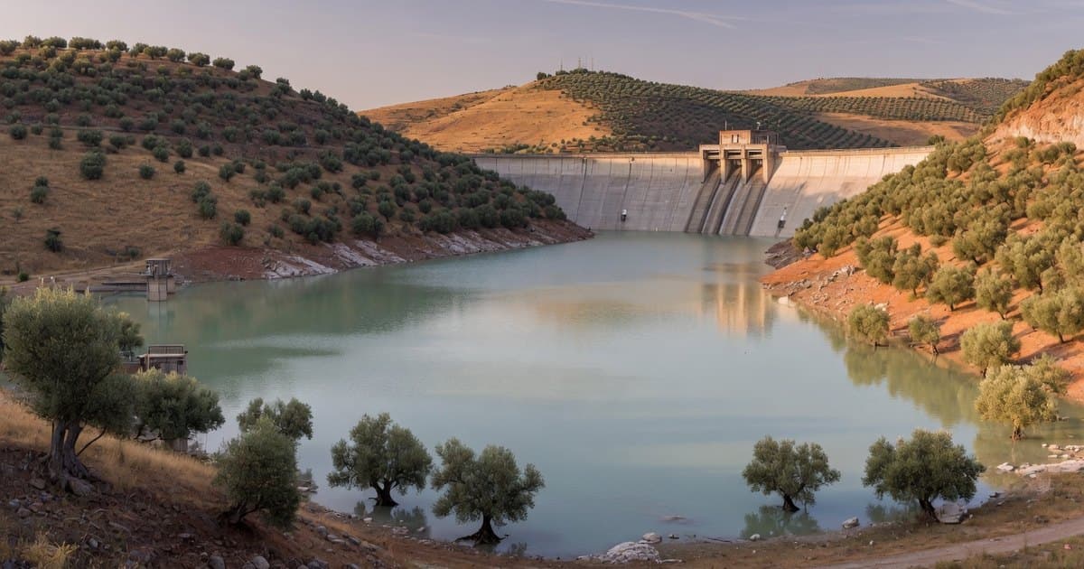 Gran embalse español a fines del verano rodeado de cerros secos y olivares, con el agua todavía alta en las orillas y una presa al fondo