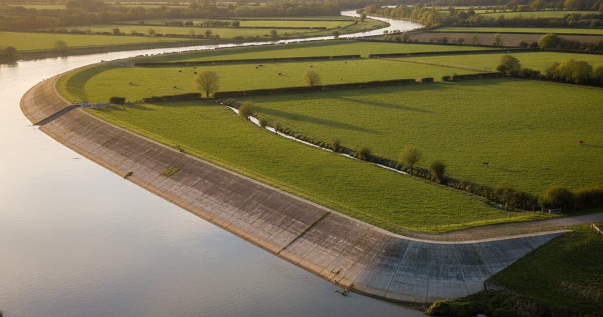 Defensa fluvial de hormigón protegiendo terrenos agrícolas junto a un río, vista desde la ribera