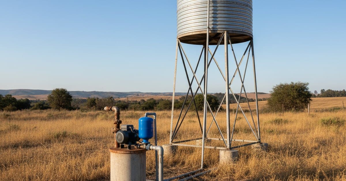 Pozo profundo con equipo de bombeo en un predio rural chileno, con el estanque de acumulación y el terreno seco alrededor