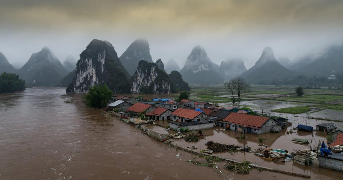 Río ancho y turbio desbordado en un paisaje kárstico del sur de China, con tierras de cultivo ribereñas bajo el agua y cerros de caliza entre la niebla