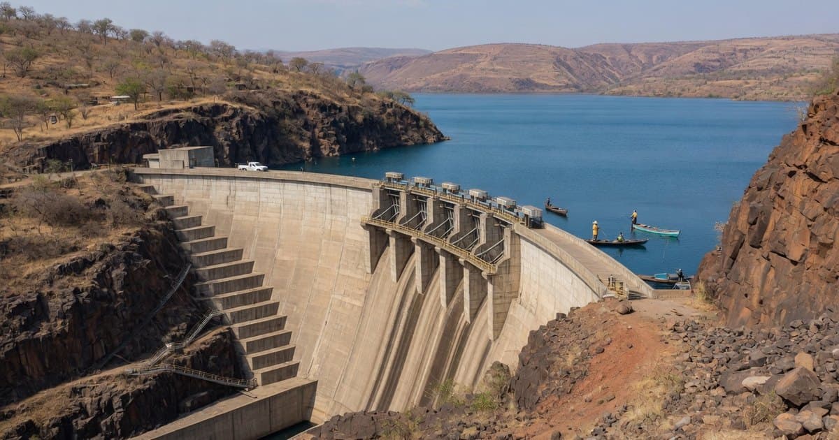 Gran presa de arco de hormigón en un cañón rocoso africano con un amplio lago azul detrás y colinas lejanas bajo cielo despejado
