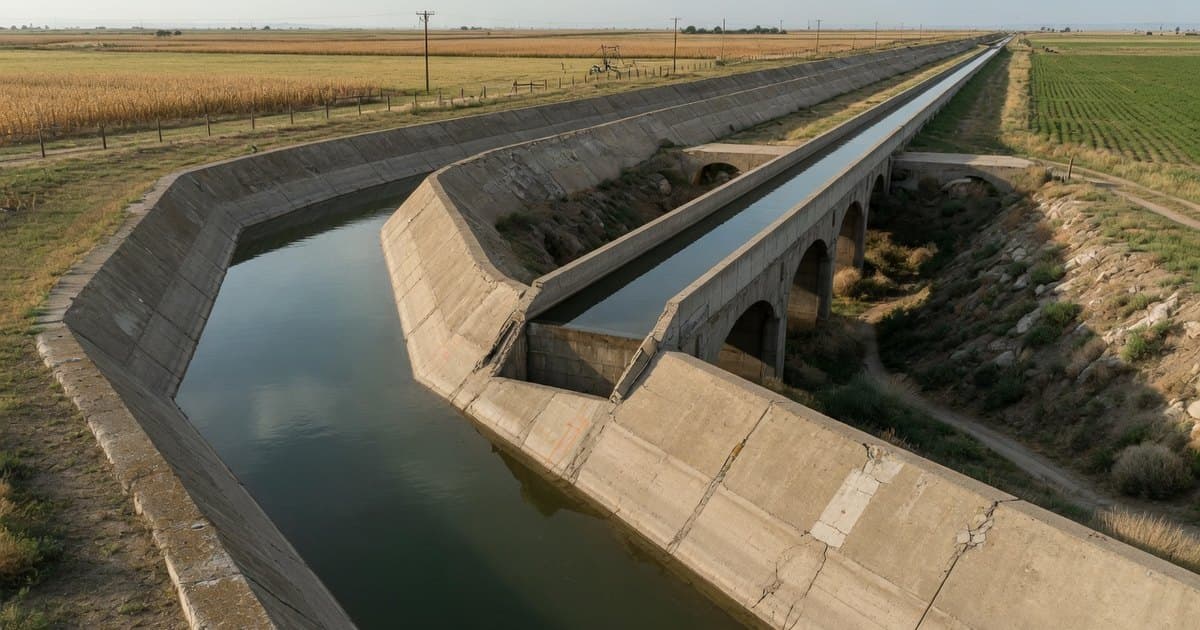 Canal de riego trapecial de tierra revestida que se estrecha con muros de hormigón alabeados hacia una canoa rectangular
