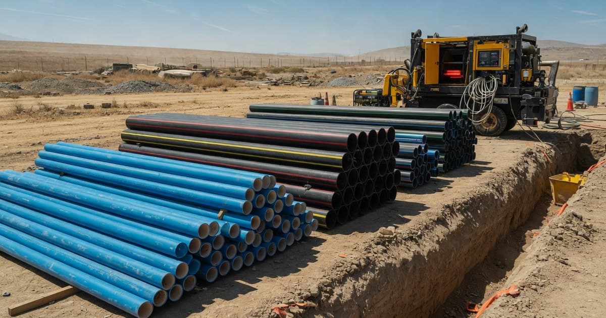 Tuberías de PVC y de polietileno de alta densidad apiladas en un acopio de obra junto a una zanja abierta