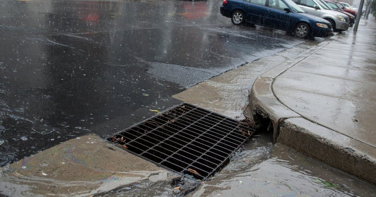 Sumidero de rejilla metálica junto a la solera de una calle con agua lluvia escurriendo por la cuneta