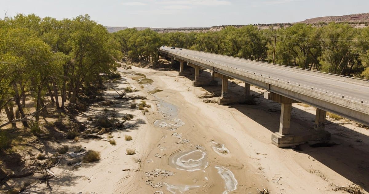 Cauce arenoso y completamente seco de un río del desierto, con bosque ribereño de álamos y un puente carretero cruzando el lecho vacío