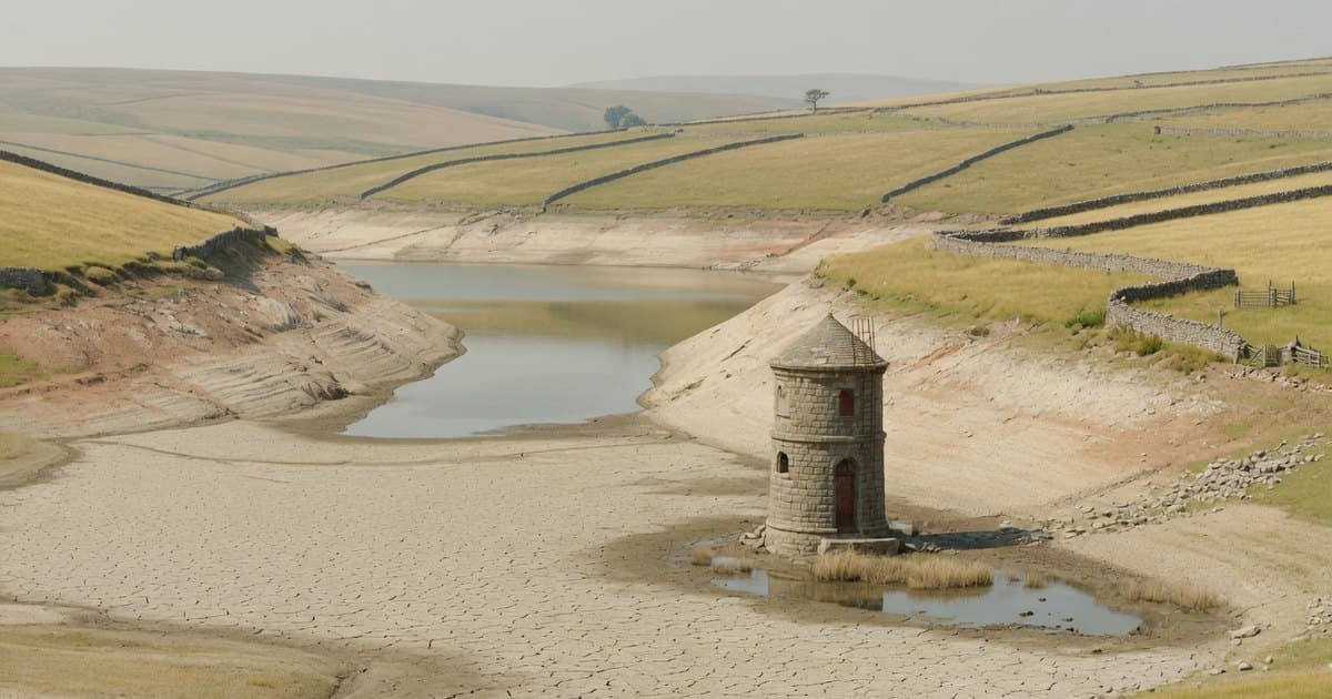 Embalse de montaña en Inglaterra muy por debajo de su capacidad, con orillas claras expuestas y una antigua torre de válvulas de piedra sobre el barro seco