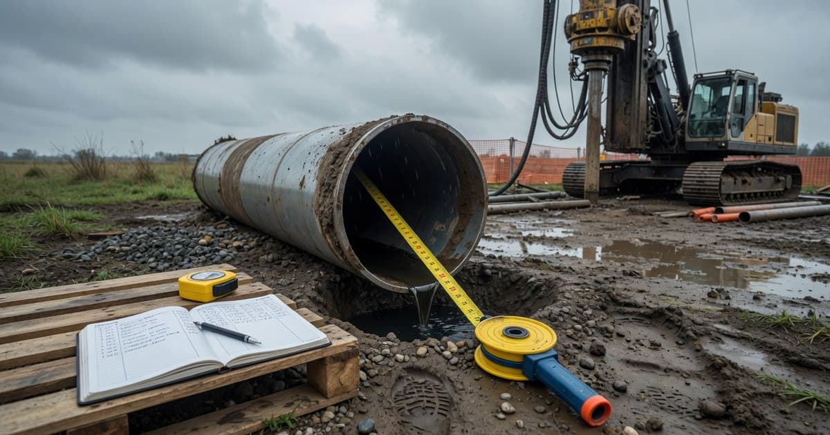 Sondaje geotécnico entubado en terreno, con un técnico midiendo el nivel de agua dentro de la tubería