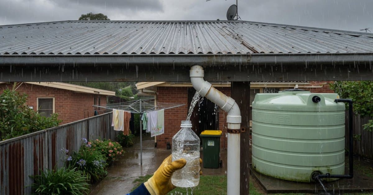 Lluvia cayendo sobre un techo de zinc que escurre hacia un estanque de agua lluvia en un barrio residencial, con una botella de muestreo bajo la bajada de agua