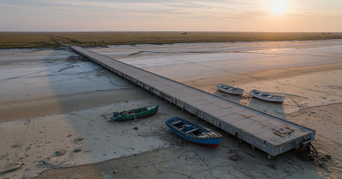 Largo muelle de hormigón que termina sobre arena seca lejos de una línea de costa en retroceso, en una costa plana de estepa con pequeños botes varados en el barro
