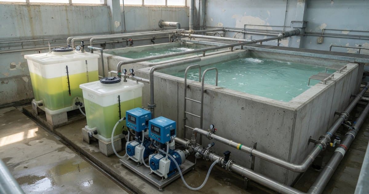Estanque de agua potable de hormigón con tuberías y un dosificador de cloro en una planta de tratamiento
