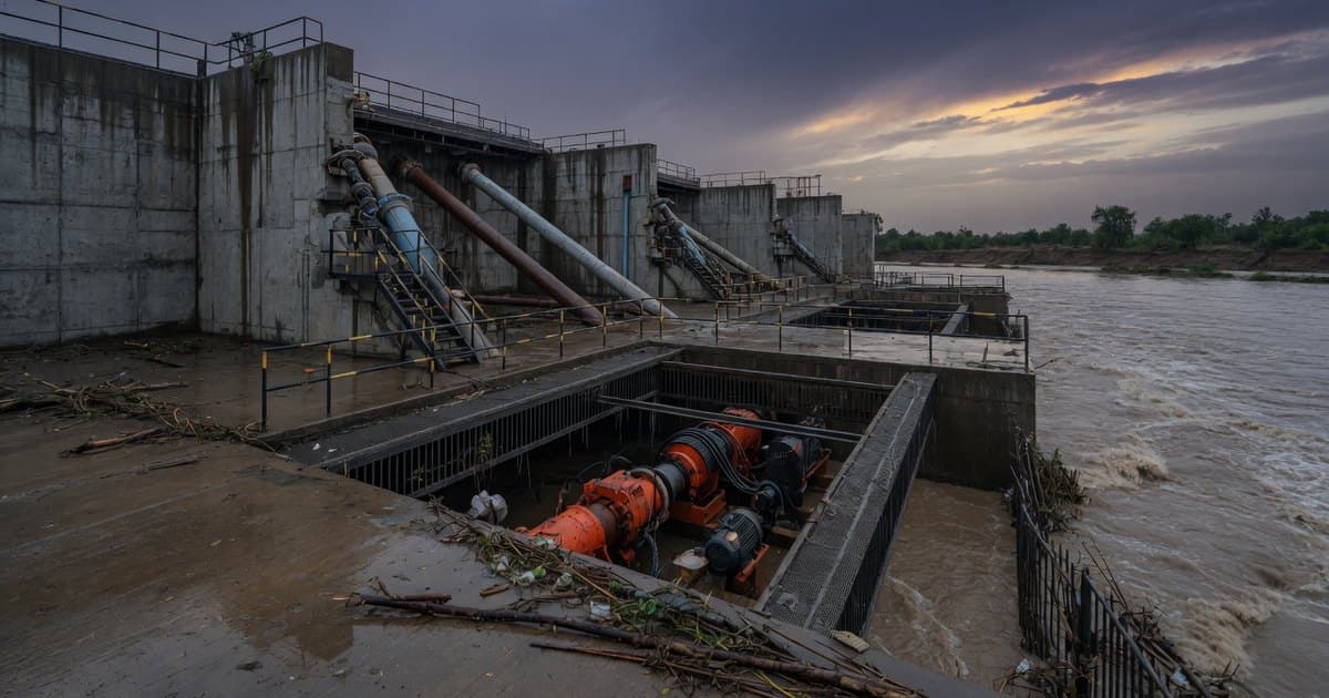 Planta de tratamiento de agua histórica de ladrillo junto a un río ancho y turbio después de una tormenta, con un camión de servicio y un generador portátil en la entrada