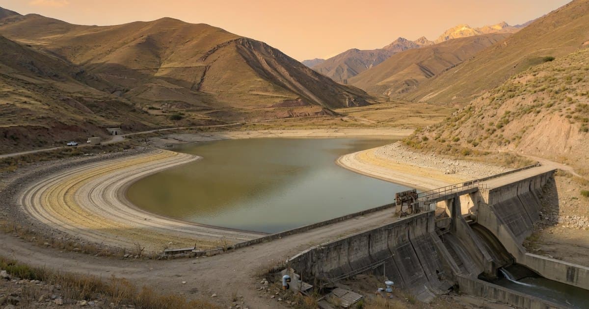 Embalse de riego en un valle precordillerano con el nivel del agua parcialmente bajo y las orillas expuestas
