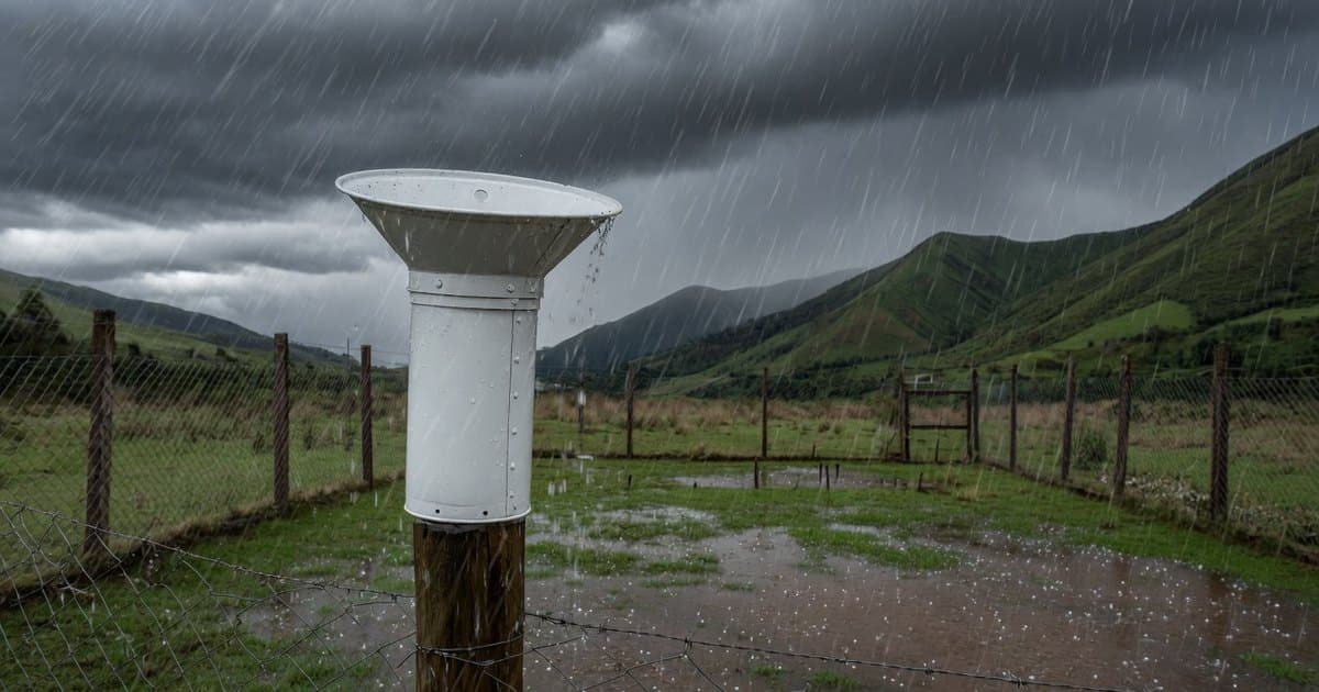 Pluviómetro metálico con embudo en un recinto meteorológico cercado durante una lluvia intensa