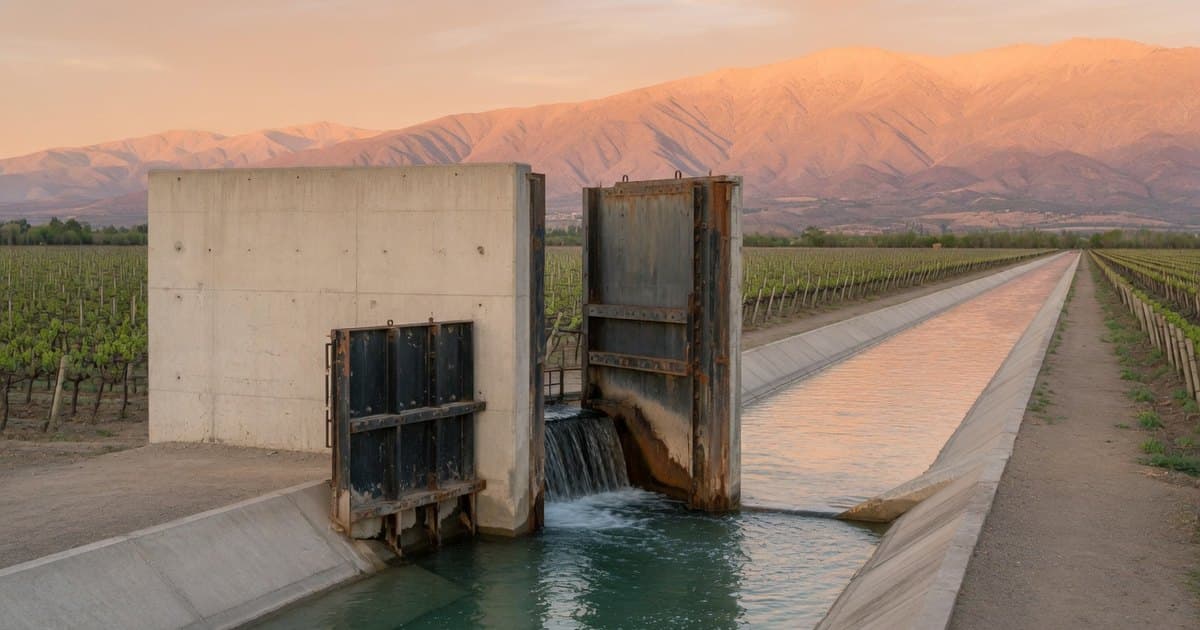 Compuerta de un canal de riego con agua corriendo entre viñedos de un valle de la zona central de Chile