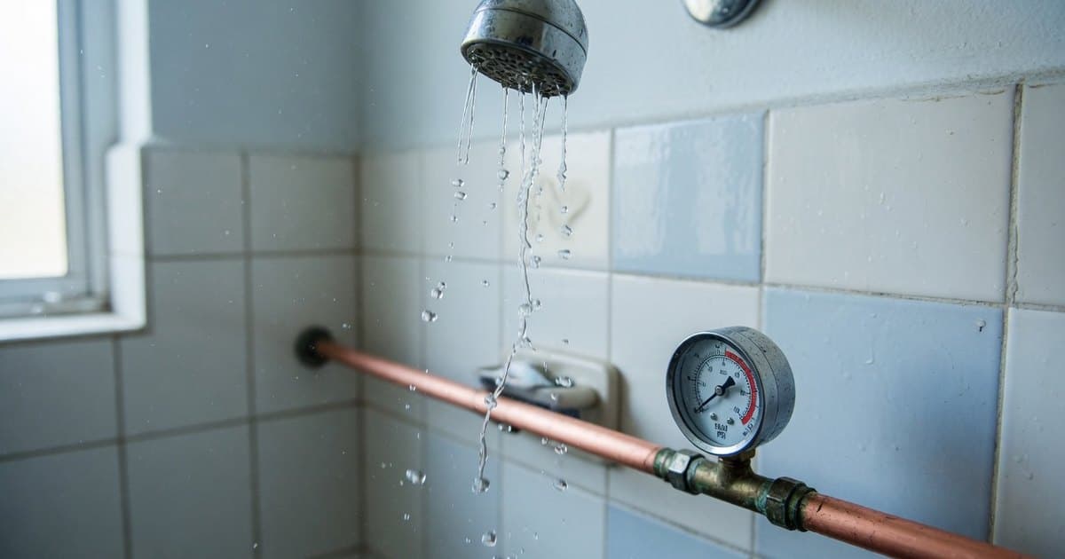 Ducha con chorro débil de agua en un baño doméstico junto a un manómetro instalado en la cañería