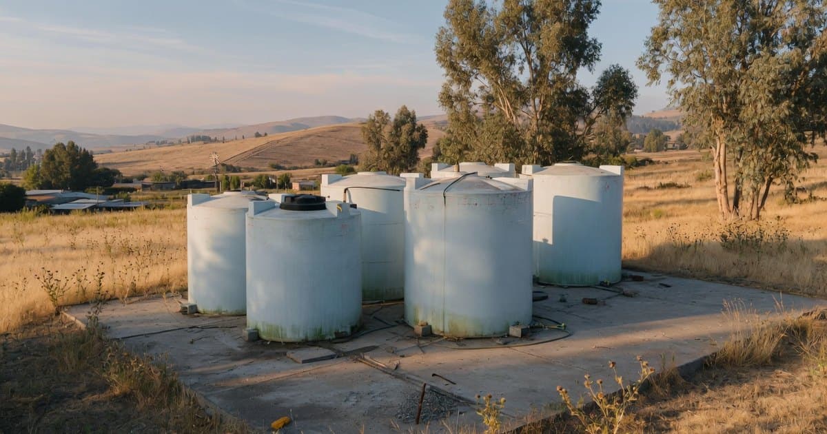 Estanques cilíndricos de agua de polietileno instalados en un predio rural de Chile central