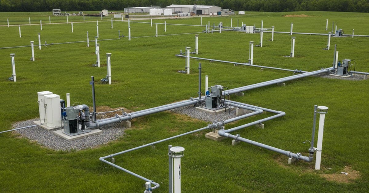 Pozo de monitoreo en un campo durante una remediación de agua subterránea contaminada