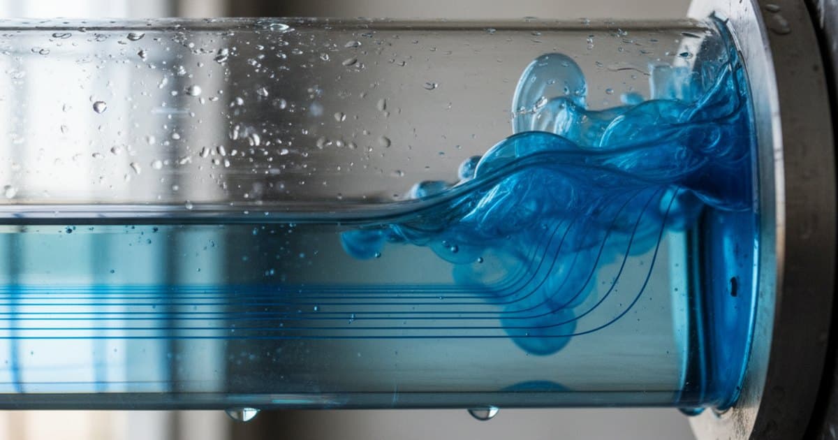 Primer plano de agua fluyendo en una tubería de vidrio transparente, líneas laminares suaves que pasan a remolinos turbulentos