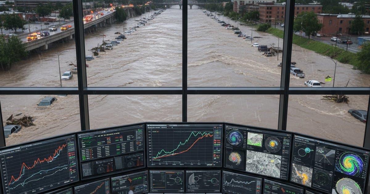 Río desbordado junto a una ciudad y una sala de control con pantallas que muestran hidrogramas y pronósticos de crecida