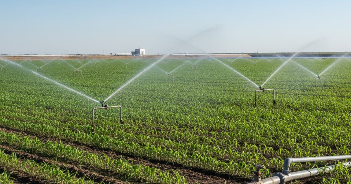 Cultivo verde de regadío con aspersores bajo un cielo despejado y soleado