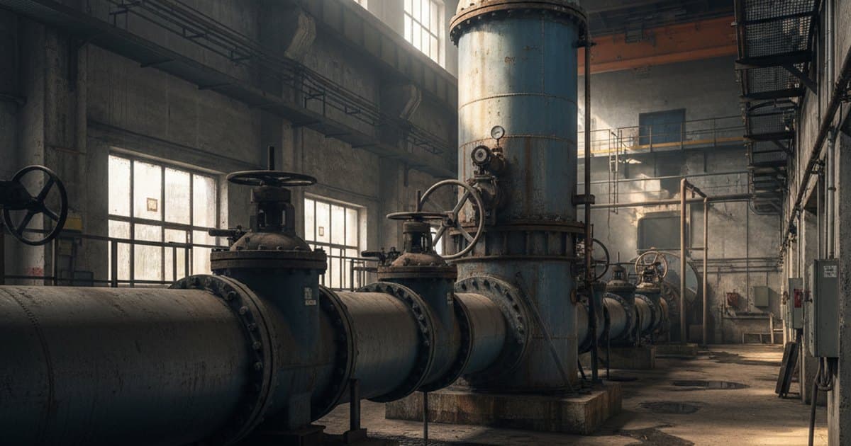 Tubería de acero de gran diámetro con válvulas en una sala de bombeo de agua