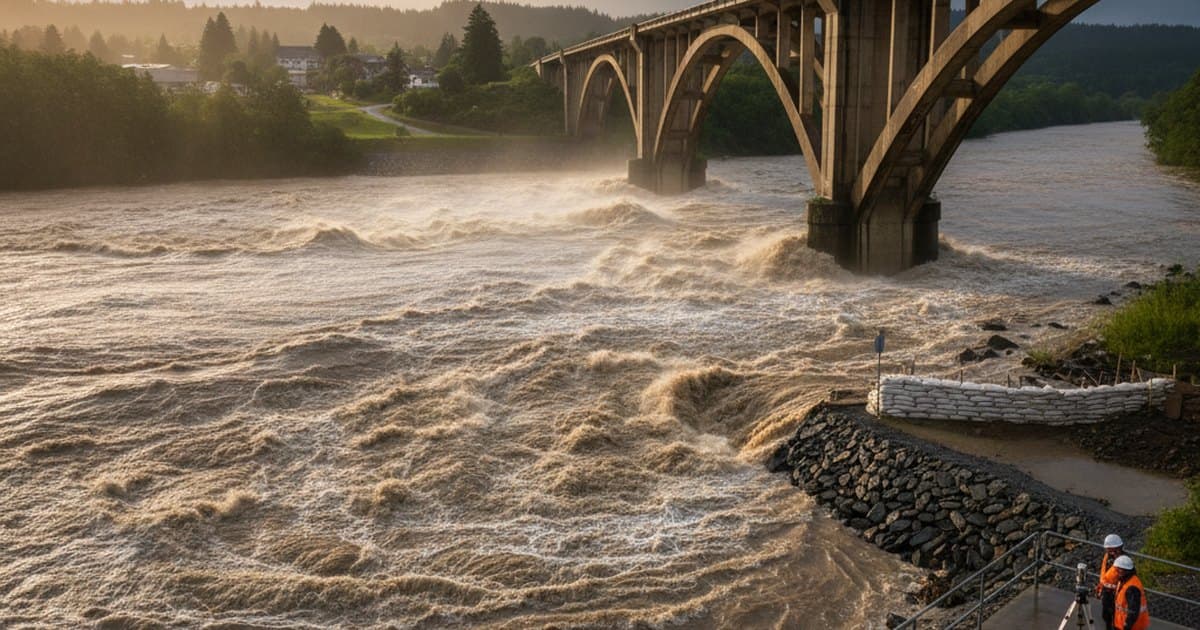 Río en crecida cerca de un puente, con agua turbia de gran caudal