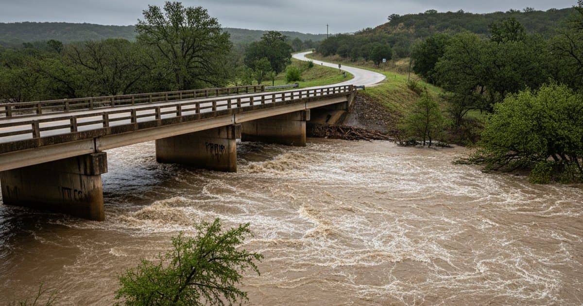 Río crecido y turbio pasando bajo un puente rural en Texas tras lluvias extremas, con vegetación inundada en las riberas